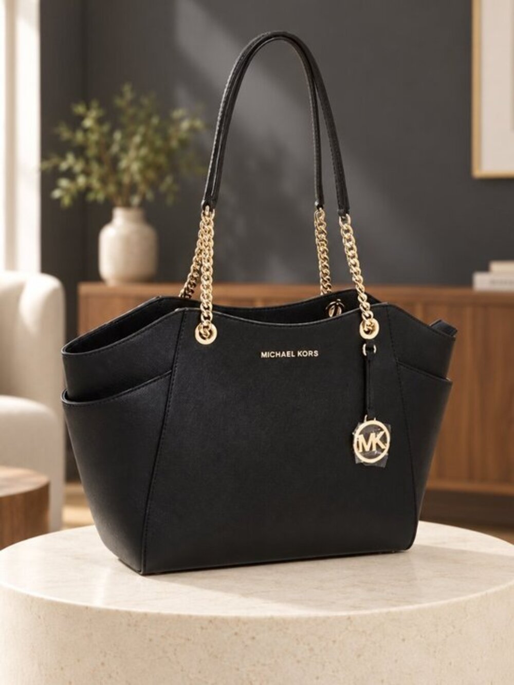 Michael Kors Black Saffiano Leather Chain Shoulder Tote Bag NWT